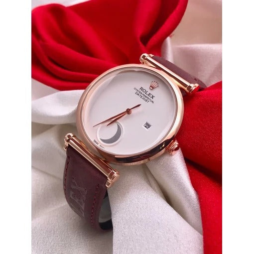 Daytona Half Moon Dial Swiss Leather Men's Watch For Man White Color Dial Maroon Color strap Date Gift Watch - RLX-16