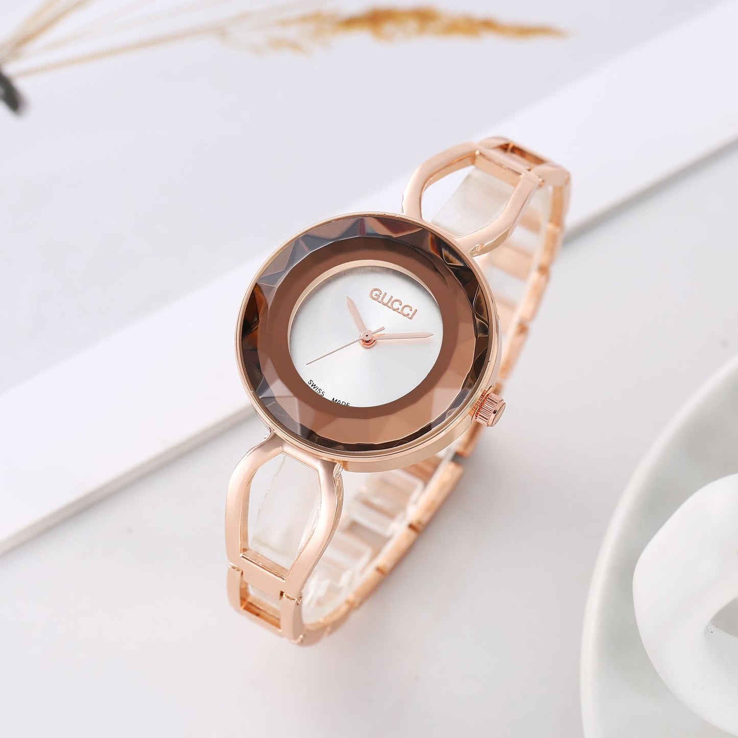 Gold Color Watch With White Dial With Brown Color Crystal Case Watch For Woman Or Girl Gold Strap Watch GC-6541