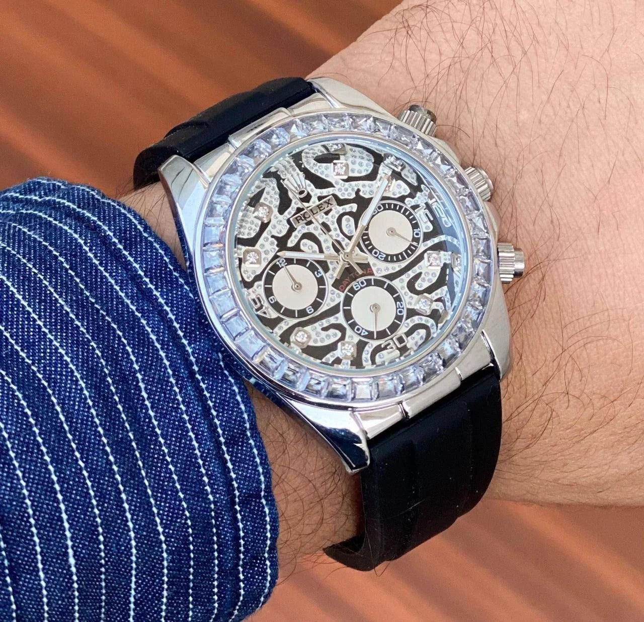 Trendy Chronograph Daytona Eye Of The Tiger Chronograph Quartz Silver Dial Chronometer Diamond Men's Watch TIGER-116589