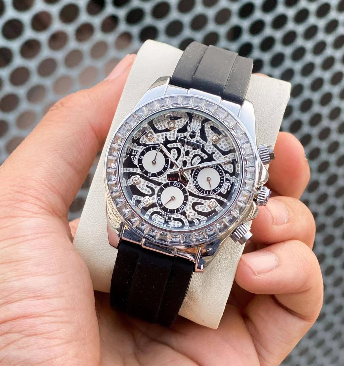 Trendy Chronograph Daytona Eye Of The Tiger Chronograph Quartz Silver Dial Chronometer Diamond Men's Watch TIGER-116589