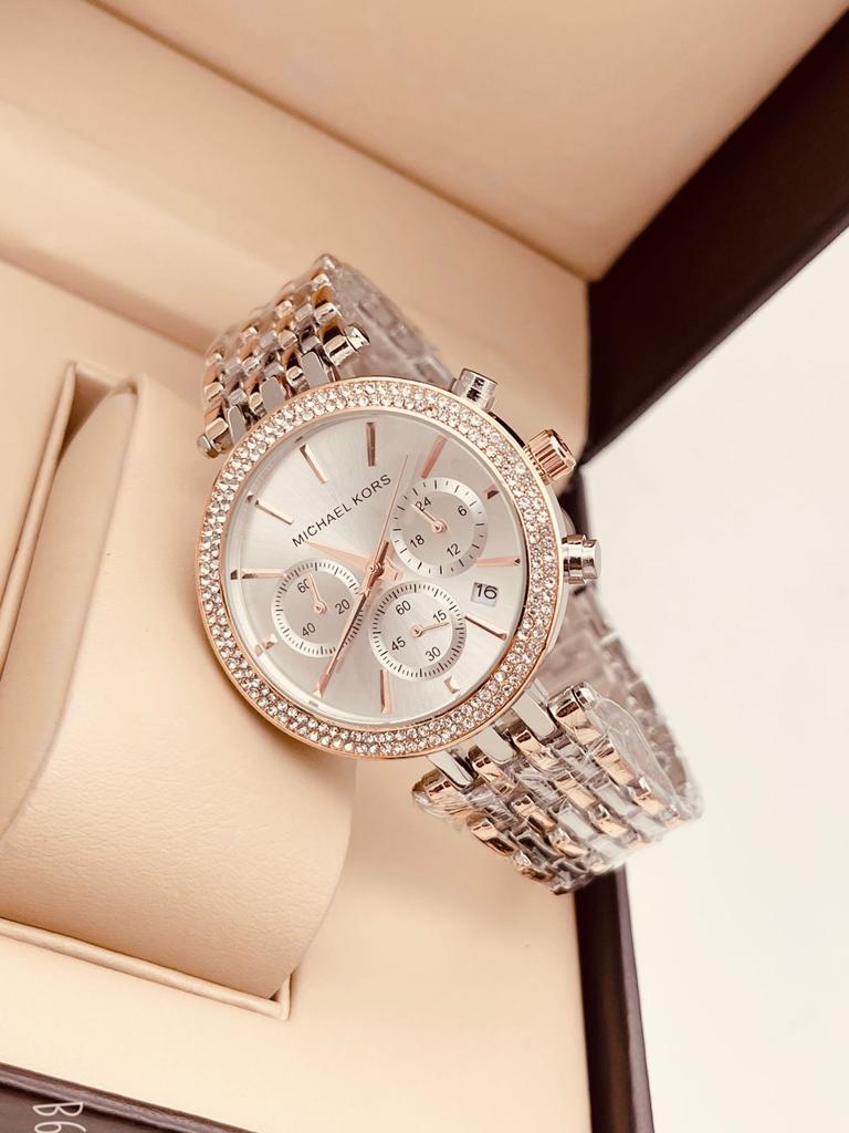 Michael Kors Chronograph Silver And Rose Gold Strap Women's Watch