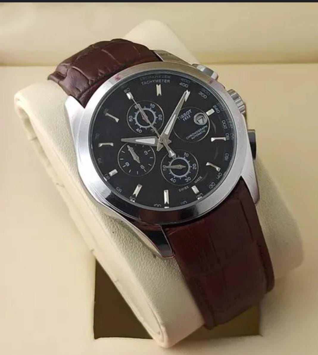 Tissot Chronograph Brown Leather Men's Watch with Black Date Display TS-3833