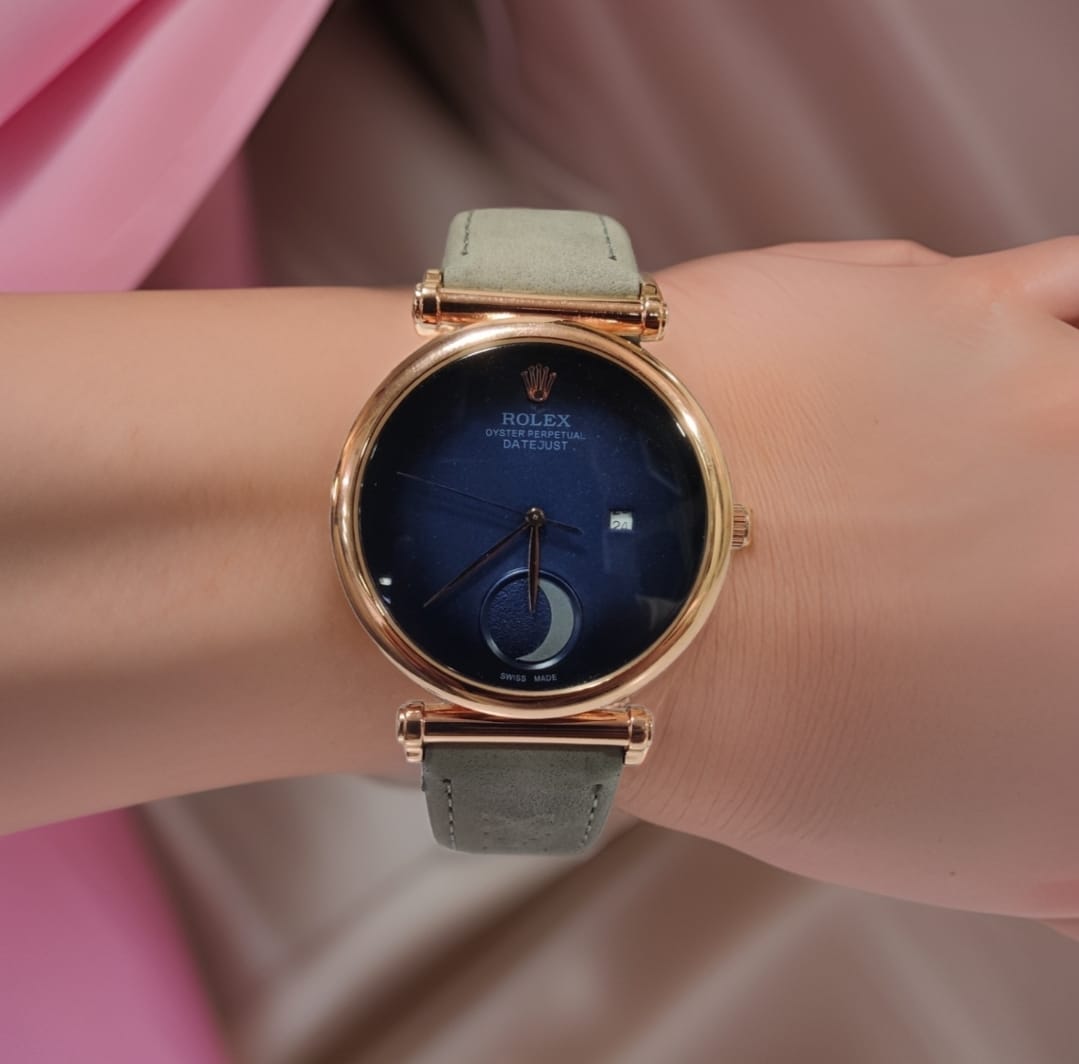 Rolex Blue Leather Half Moon Watch For Women's Casual New Trending Style Watch Blue Dial With Rose Gold Meta Date And Grey Color Belt Women's Watch_ Best Gift Watch RLX-2-44