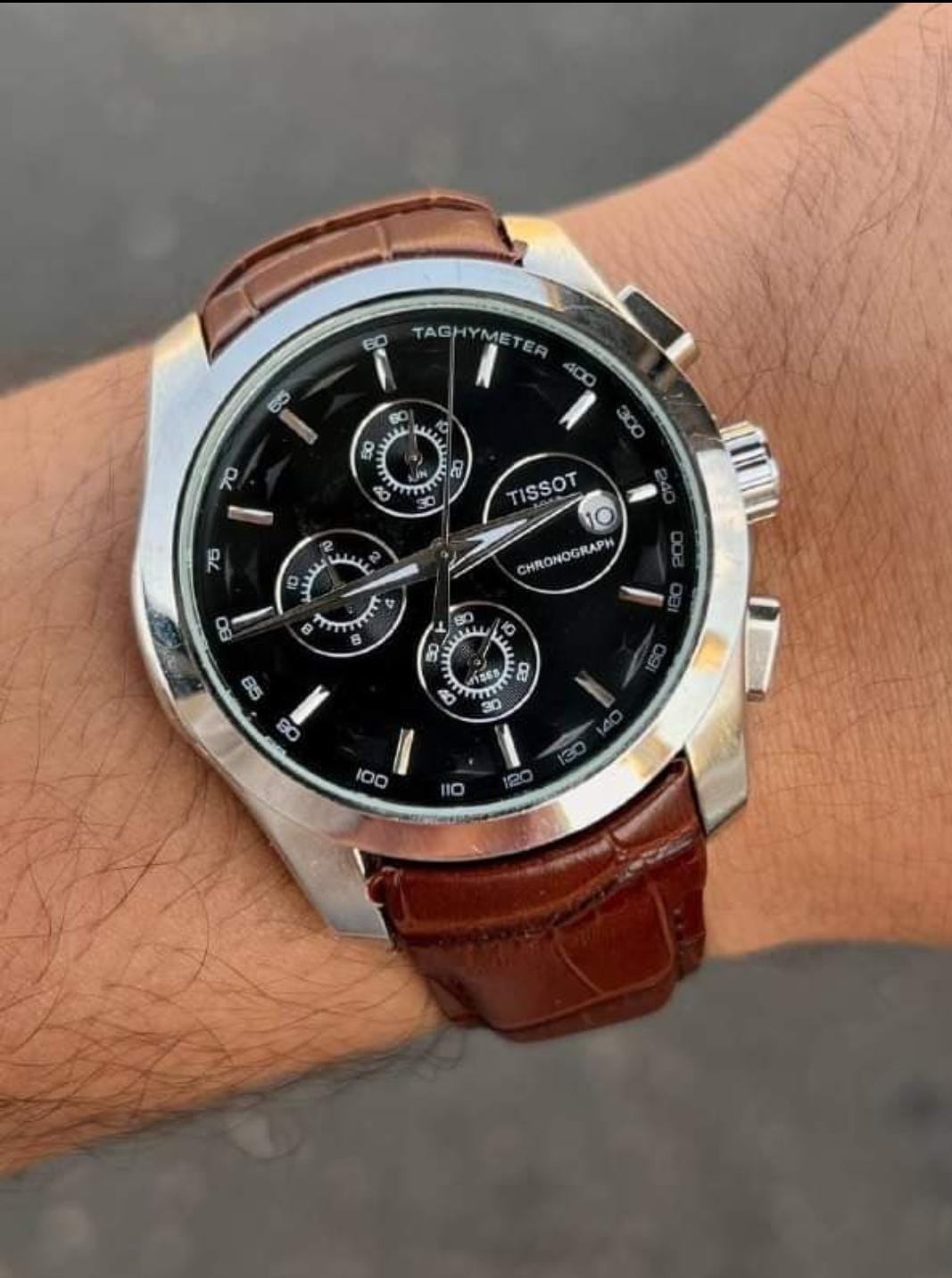 Tissot Chronograph Brown Leather Men's Watch with Black Date Display TS-3833