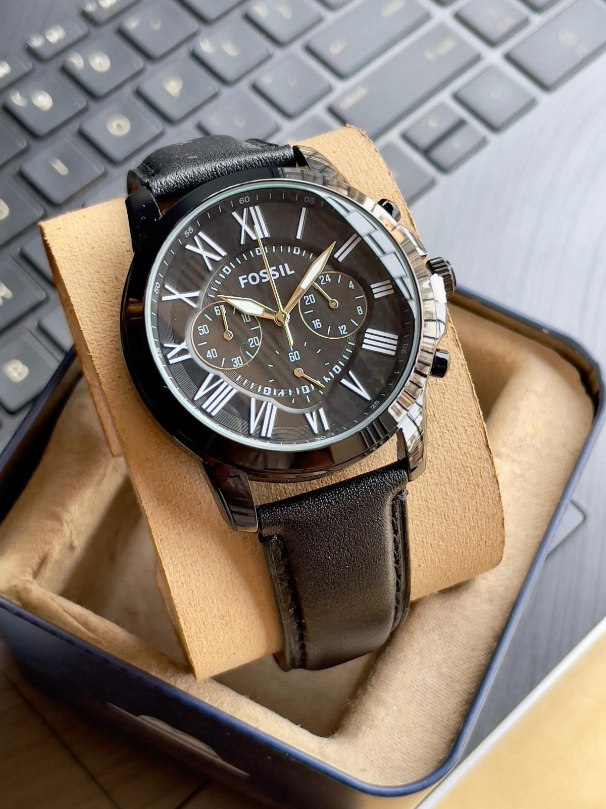 Fossil Chronograph Black Dial Leather Men's Watch - FS-5147