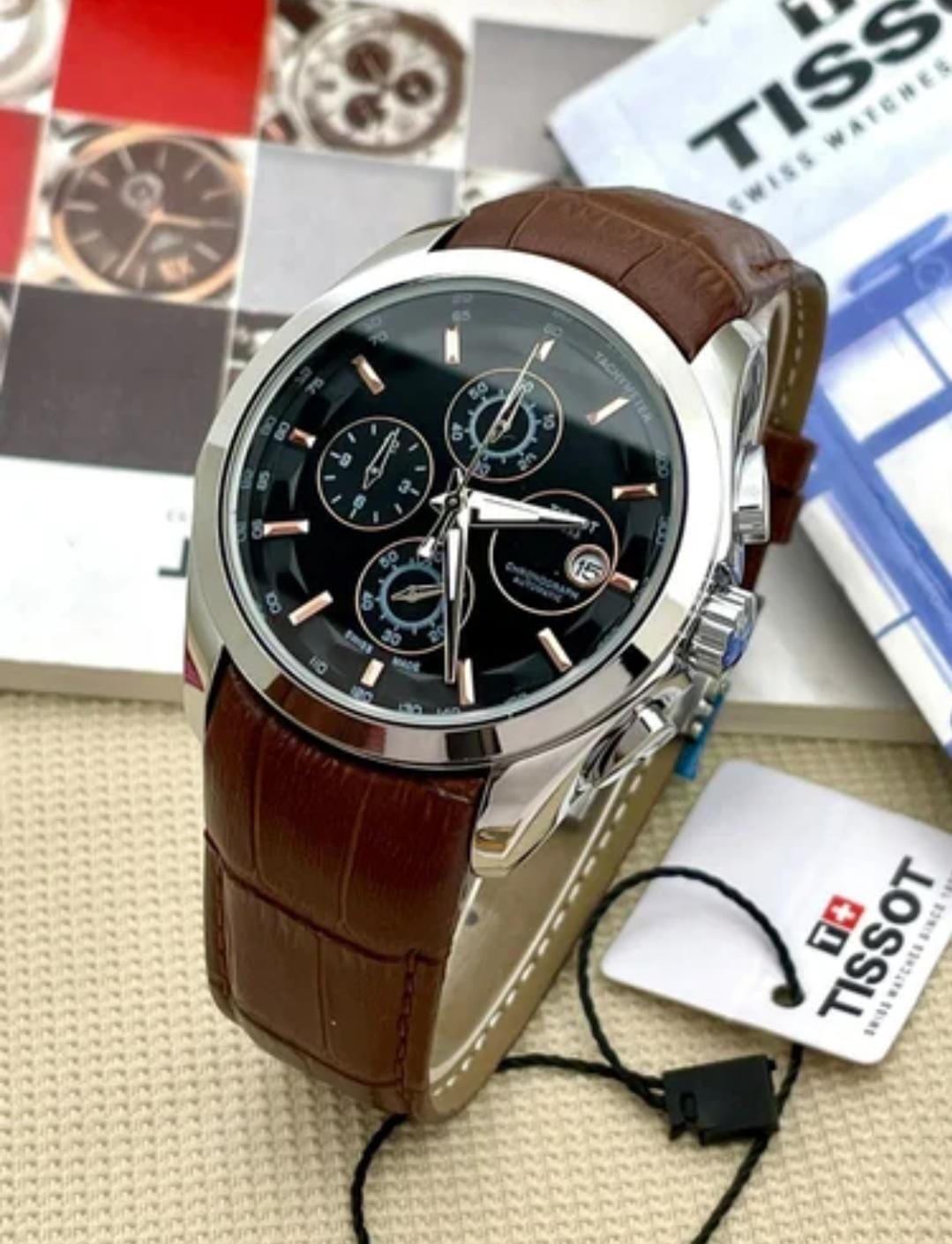 Tissot Chronograph Brown Leather Men's Watch with Black Date Display TS-3833
