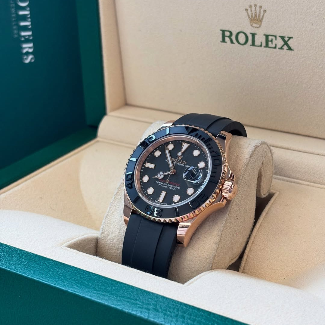 Rolex Yacht-Master Rosegold Analog Black Dial Ceramic Bezel Oyster-flex Silicon Bracelet Men's Watch For Man Rlx-M268655-0004