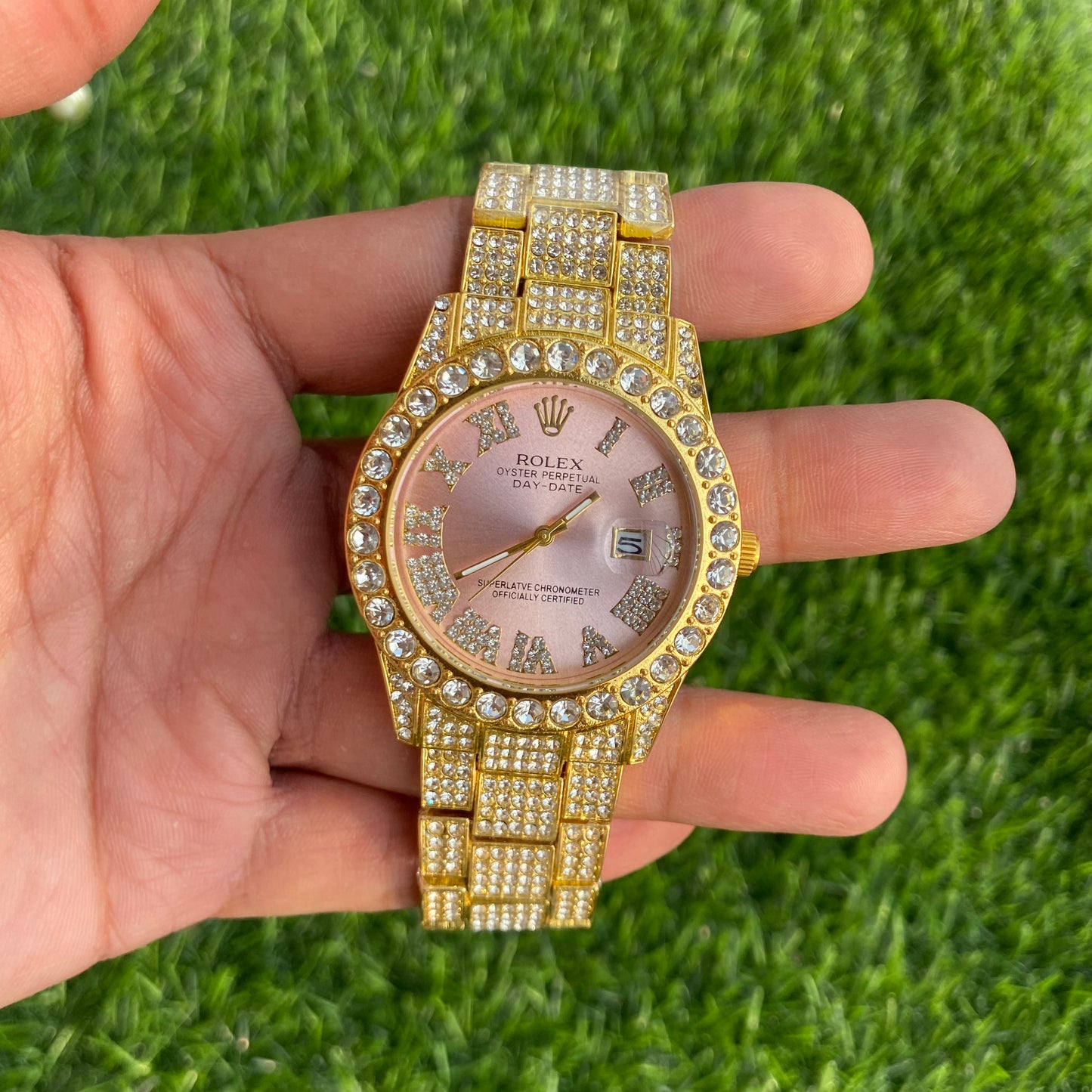 Rolex Analog Diamond Set Golden Strap Pink Dial Watch Royal Stainless Steel RLX-8085