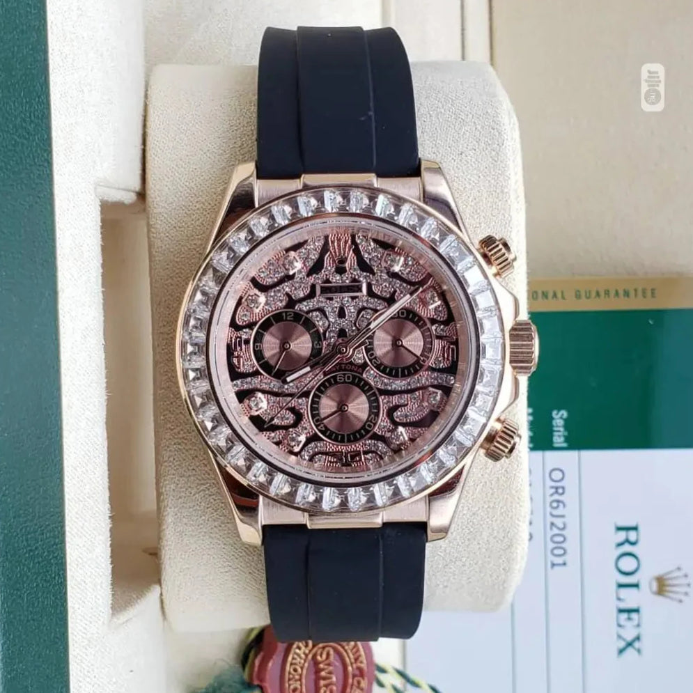 Rolex Cosmograph Rose Gold Color Case and Designer Dial Daytona Chronograph Quartz Chronometer Diamond Men's Watch - EYE OF THE TIGER TIGER-R-1166