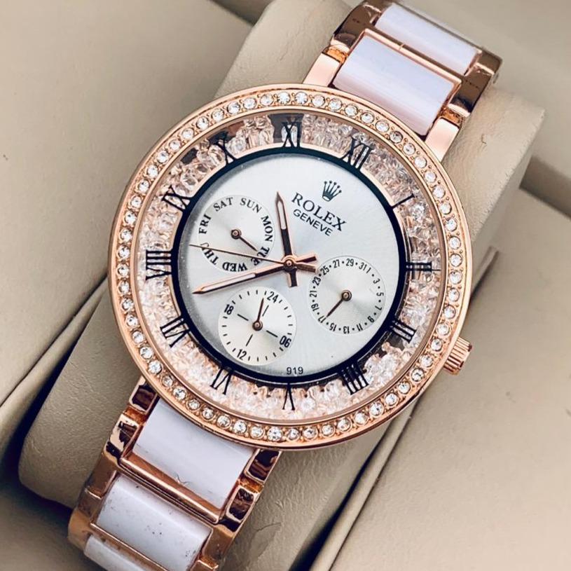 Two-Tone Strap Women's Chronograph RLX-250 Watch With White Dial & Diamond Case