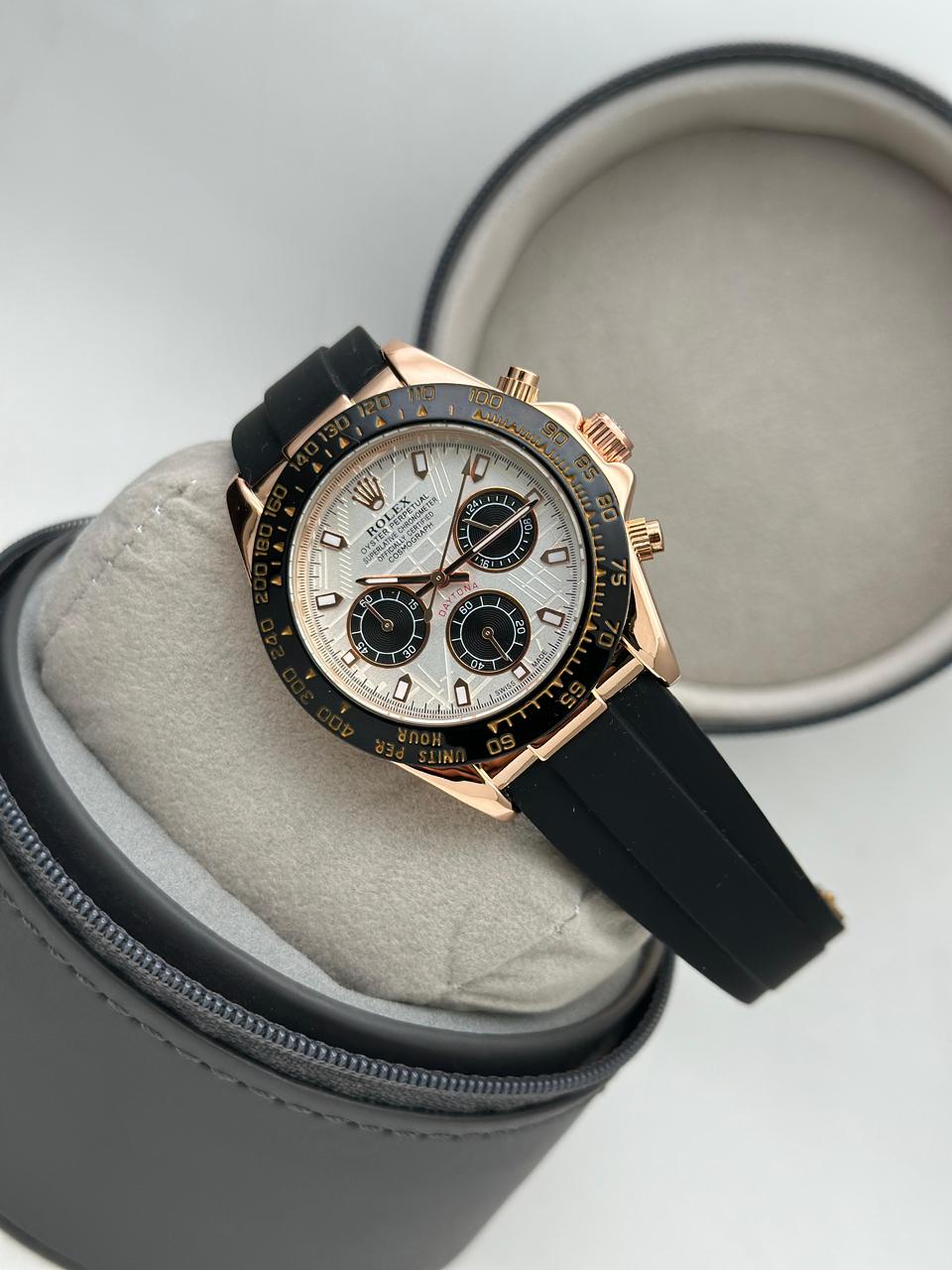 Rolex Cosmograph RoseGold Color Oysterflex Meteorite Dial Ring Bezel Daytona Chronograph Quartz Chronometer Men's Watch - RLX-1167
