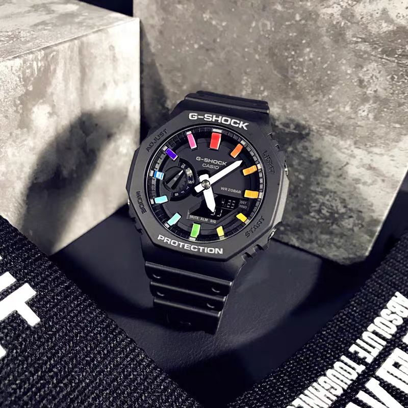 G-shock Metal Covered Black Rainbow Analog-Digital Watch World Time Multi-Function Resin Band Sports Watch GS-2103