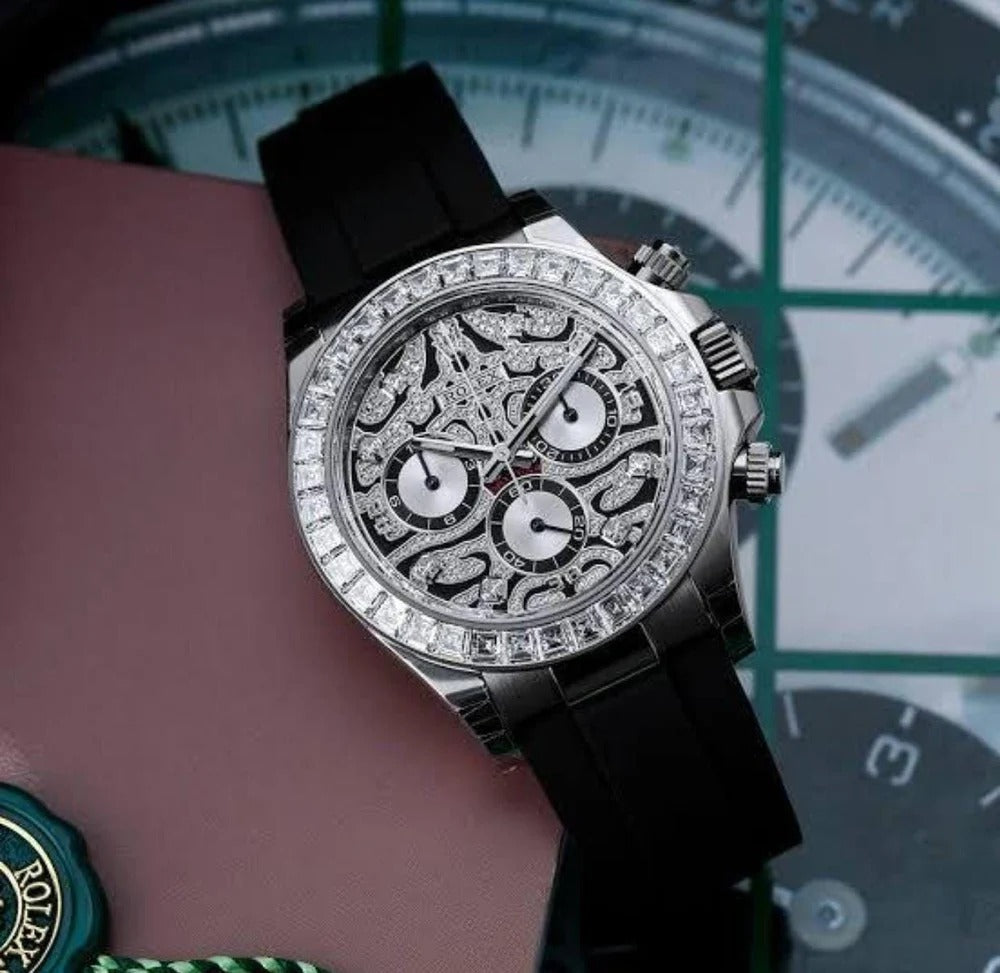 Trendy Chronograph Daytona Eye Of The Tiger Chronograph Quartz Silver Dial Chronometer Diamond Men's Watch TIGER-116589