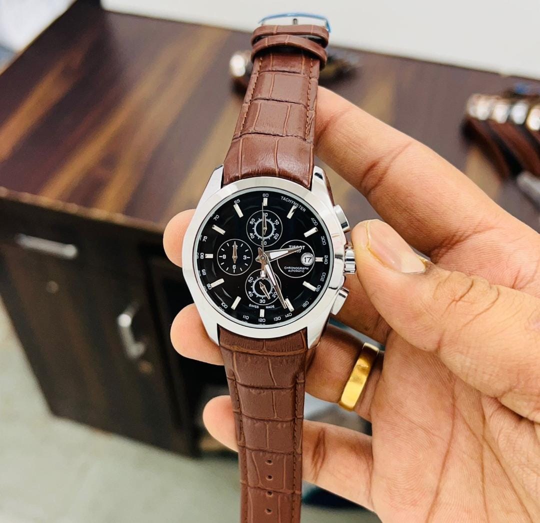 Tissot Chronograph Brown Leather Men's Watch with Black Date Display TS-3833