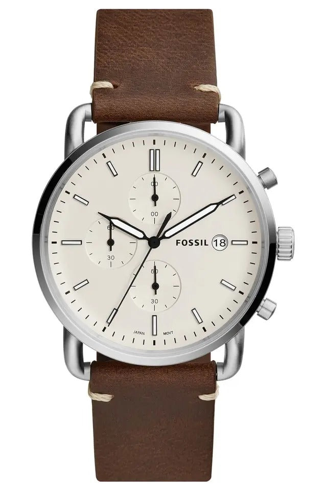 Fossil Chronograph White Dial with Brown Leather Strap Watch for