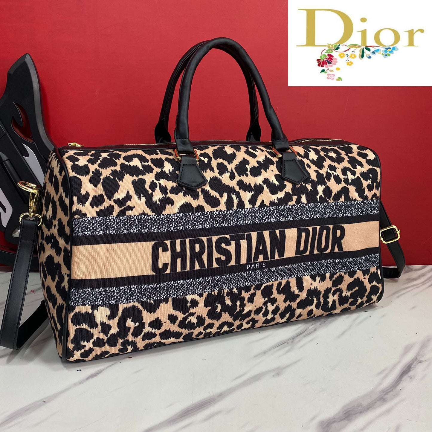 Christian Dior Best Quality Handbag Cheeta Printed Carry-on Canvas Leather Duffle Collection With Sling Belt DR-DB9087