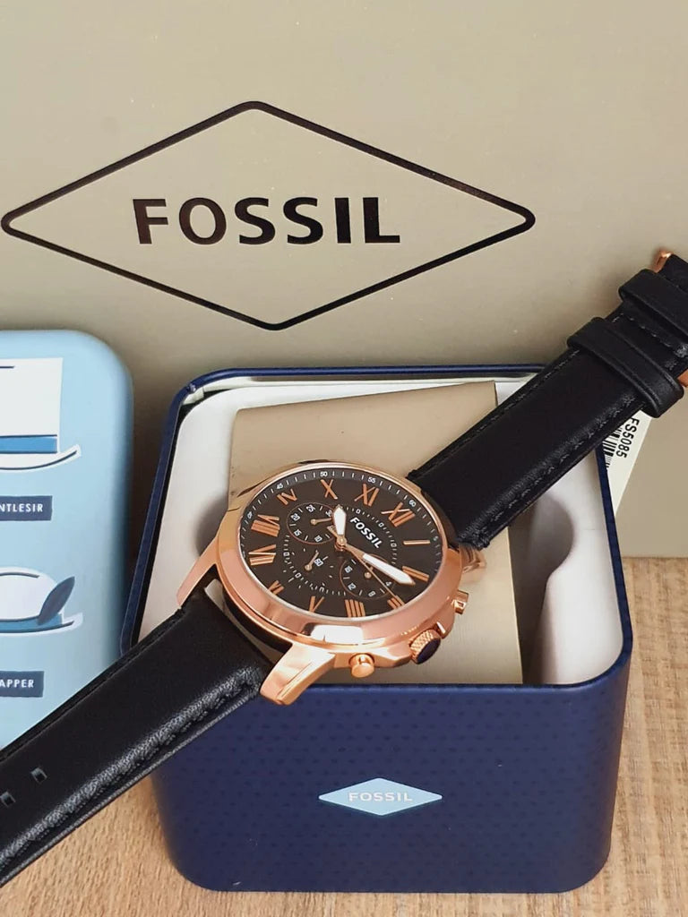 Fossil Chronograph Black & Rosegold Dial Leather Men's Watch - FS-4813