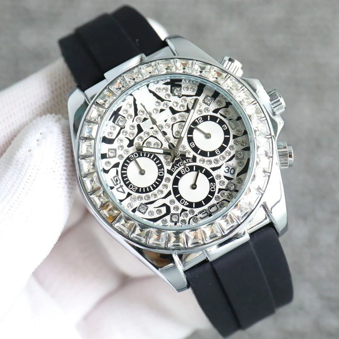 Trendy Chronograph Daytona Eye Of The Tiger Chronograph Quartz Silver Dial Chronometer Diamond Men's Watch TIGER-116589