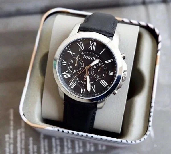 Fossil Chronograph Black & Silver Dial Leather Men's Watch - FS-4812