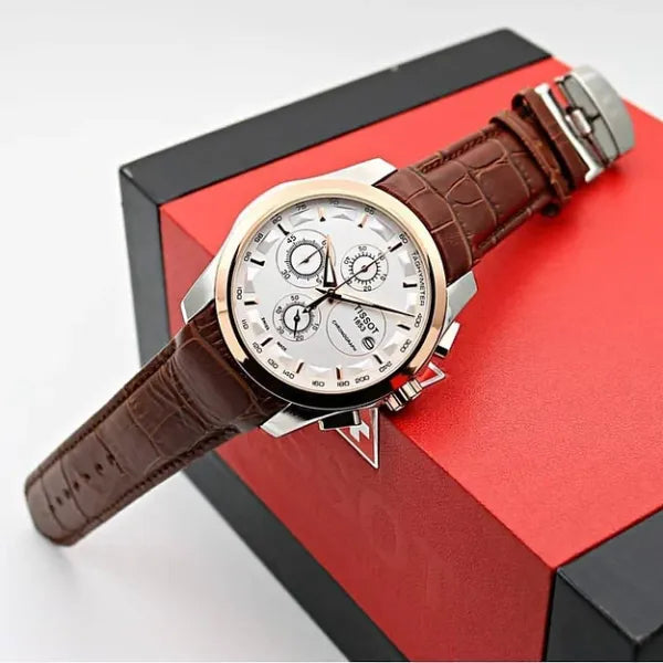 Tissot Chronograph Brown Leather Men's Watch White Date Display TS_384L