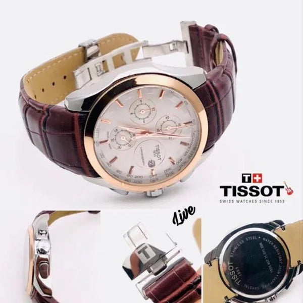 Tissot Chronograph Brown Leather Men's Watch White Date Display TS_384L