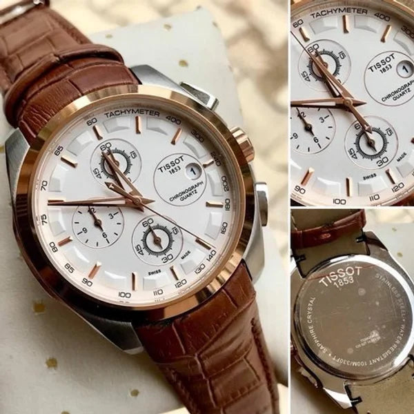 Tissot Chronograph Brown Leather Men's Watch White Date Display TS_384L