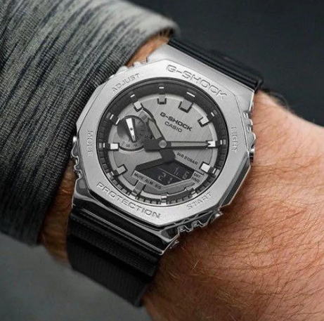 G-shock Metal Covered Silver/Black Round Analog+Digital World Time Multi-Function Resin Band Sports Watch GS-2100