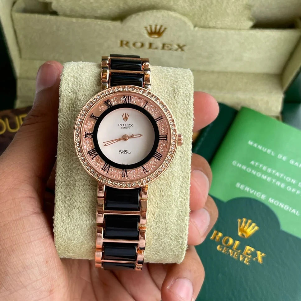 Rolex Black Gold Stainless Steel Strap Watch For Women and Girls With Diamond White Dial RLX-7919