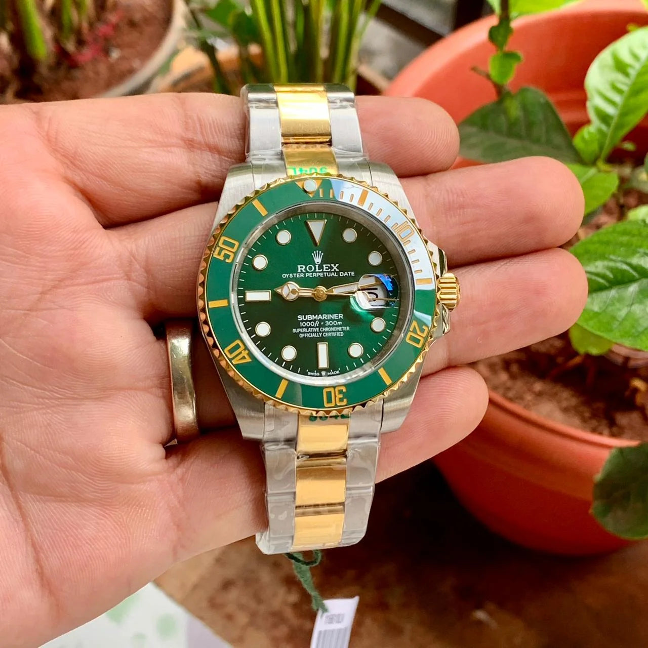 RLX Submariner Quartz Green Color Dial Metal Men's Watch Dual Tone RLX-116613LV