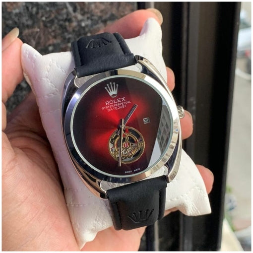 Trendy Rolex Oyster Perpetual DayTona Black Leather Men's Watch For Man RLX-490 Black Dial Silver Case Date Gift Watch