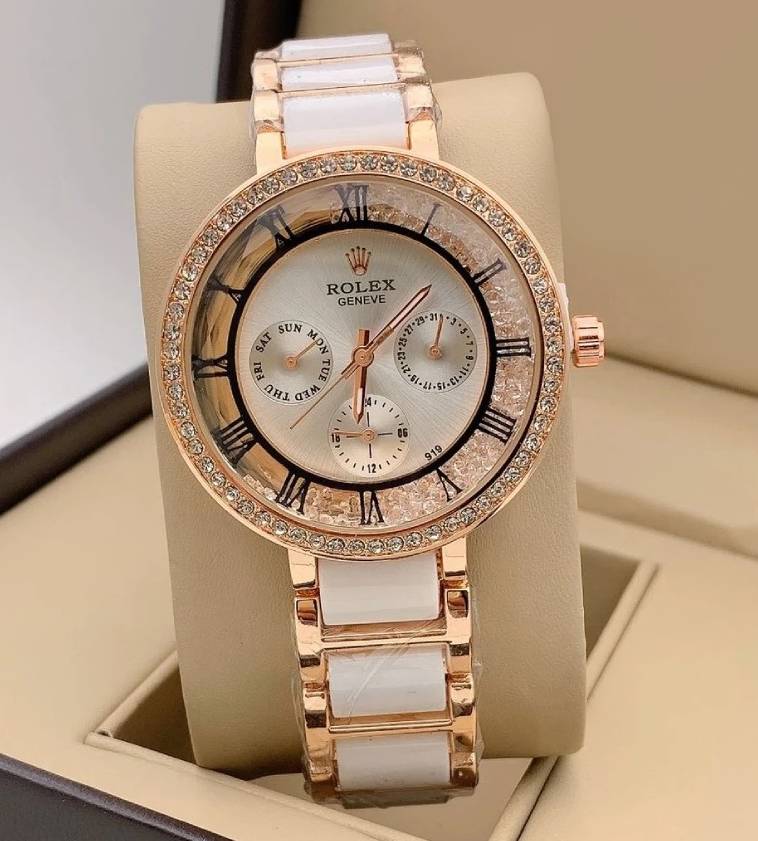 Two-Tone Strap Women's Chronograph RLX-250 Watch With White Dial & Diamond Case