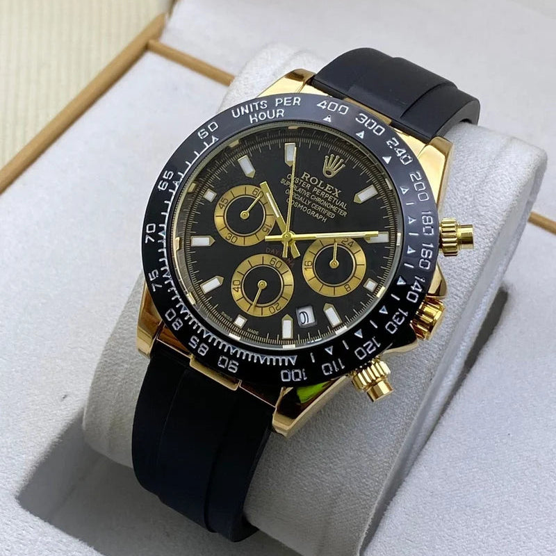 Rolex Cosmograph Yellow Gold / Black Color Case and Dial Daytona Chronograph Quartz Chronometer Men's Watch - RLX-1160