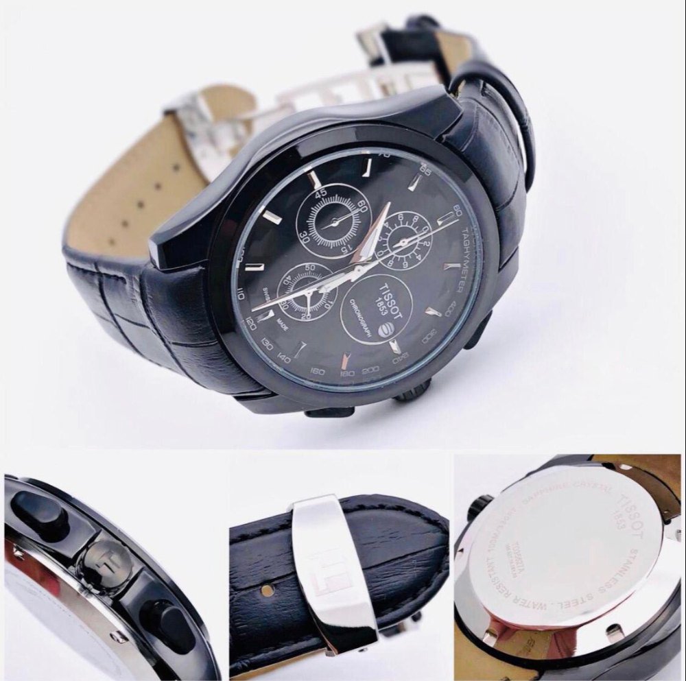 Tissot Chronograph Black Leather Men's Watch for Man Black Dial Case TS-4033BB