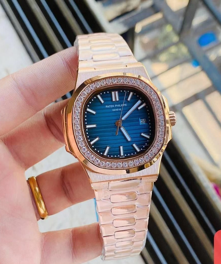 Patek Philippe Nautilus Diamond Bezel Blue Dial Rose Gold Strap