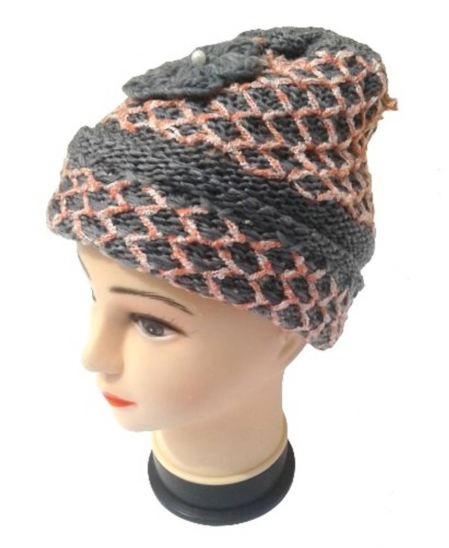Women Knitted Woolen Grey Color Cap (Pack of 1)