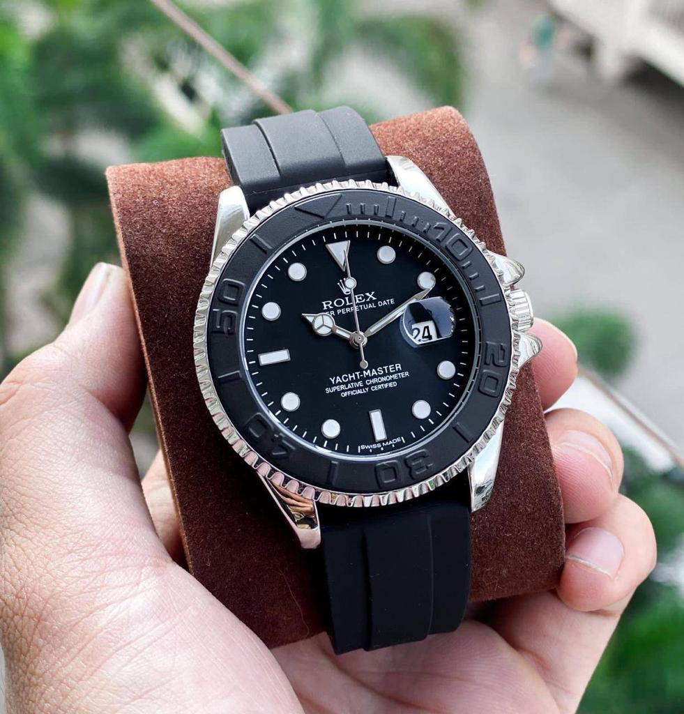 Rolex Yacht-Master Analog Black Dial Ceramic Bezel In Silver Color Oyster-flex Silicon Bracelet Men's Watch For Man Rlx-M268656