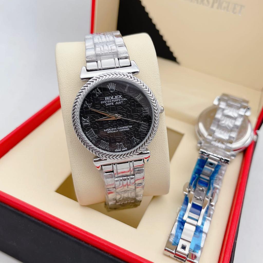 Cellini Quartz Movement White Silver Dimond Case & Black Dial Vintage Watch Women Or Girls - Best Watch For Causal Use RLX-WM-8090