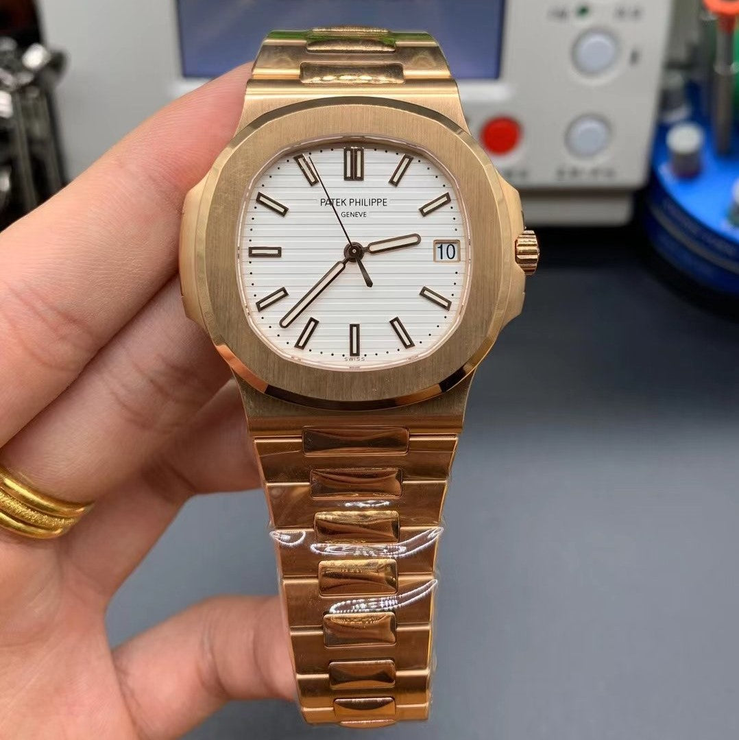 Patek Philippe Nautilus Mad Watch Quartz Movement Rose Gold White Dated Watch For Men's-Best Men's Collection PK-5711R-001