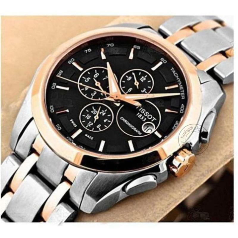 Tissot Chronograph Dual Tone Men's Watch with Silver Rose Gold Black Dial 1853 Gift