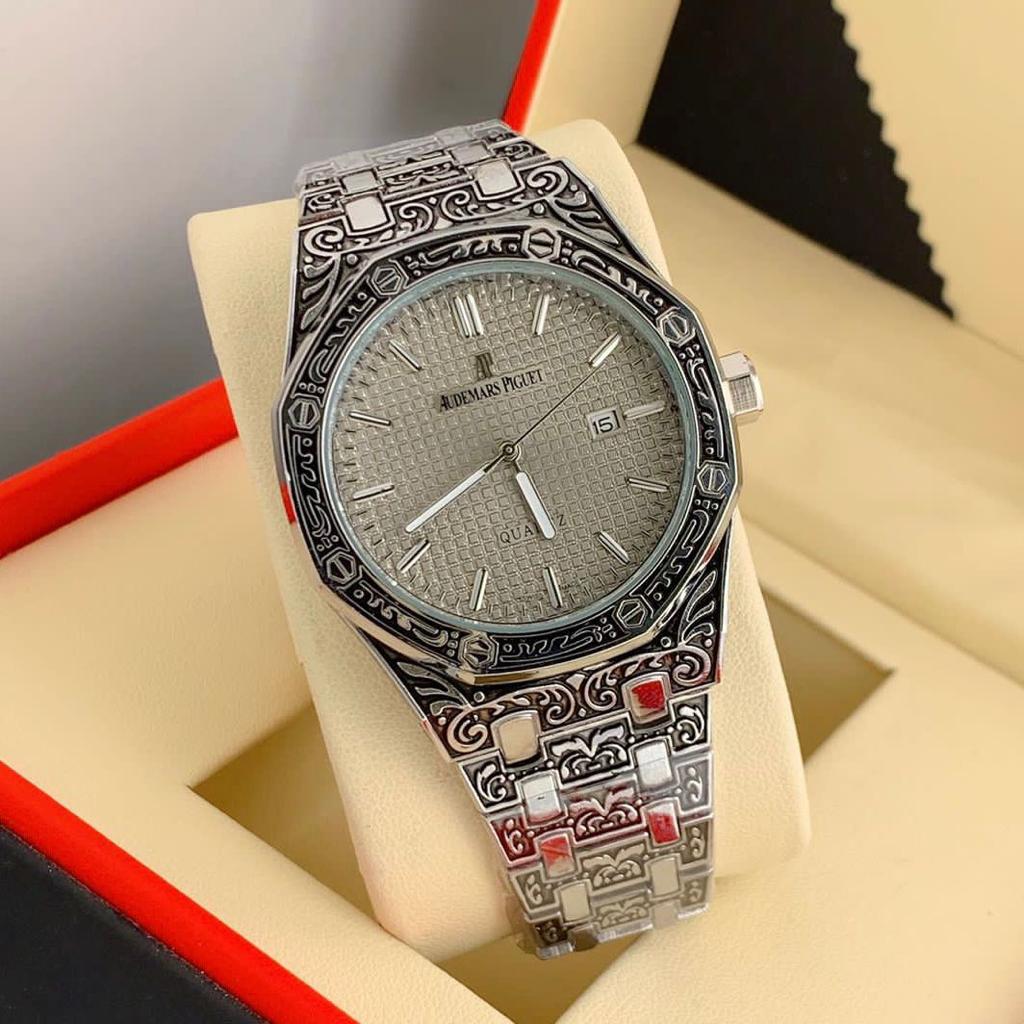 Aude mars Quartz Movement New Arrival Piguet Royal Oak Grande Fleur Engraved Extra- Silver Dial Design Metal Watch AP-57-Oak