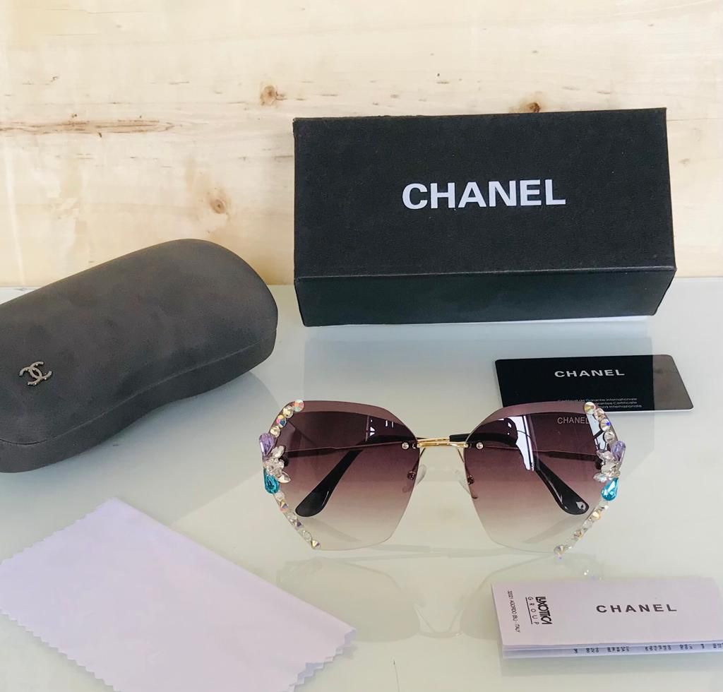 Chanel Fashionable And Elegant Anti Ultraviolet Round Face Slim Rhinestone Sunglasses In Coke Brown Lens Versatile Sunglasses for Women's or Girls - Diamond inlaid Korean Sunglass CHA-7812