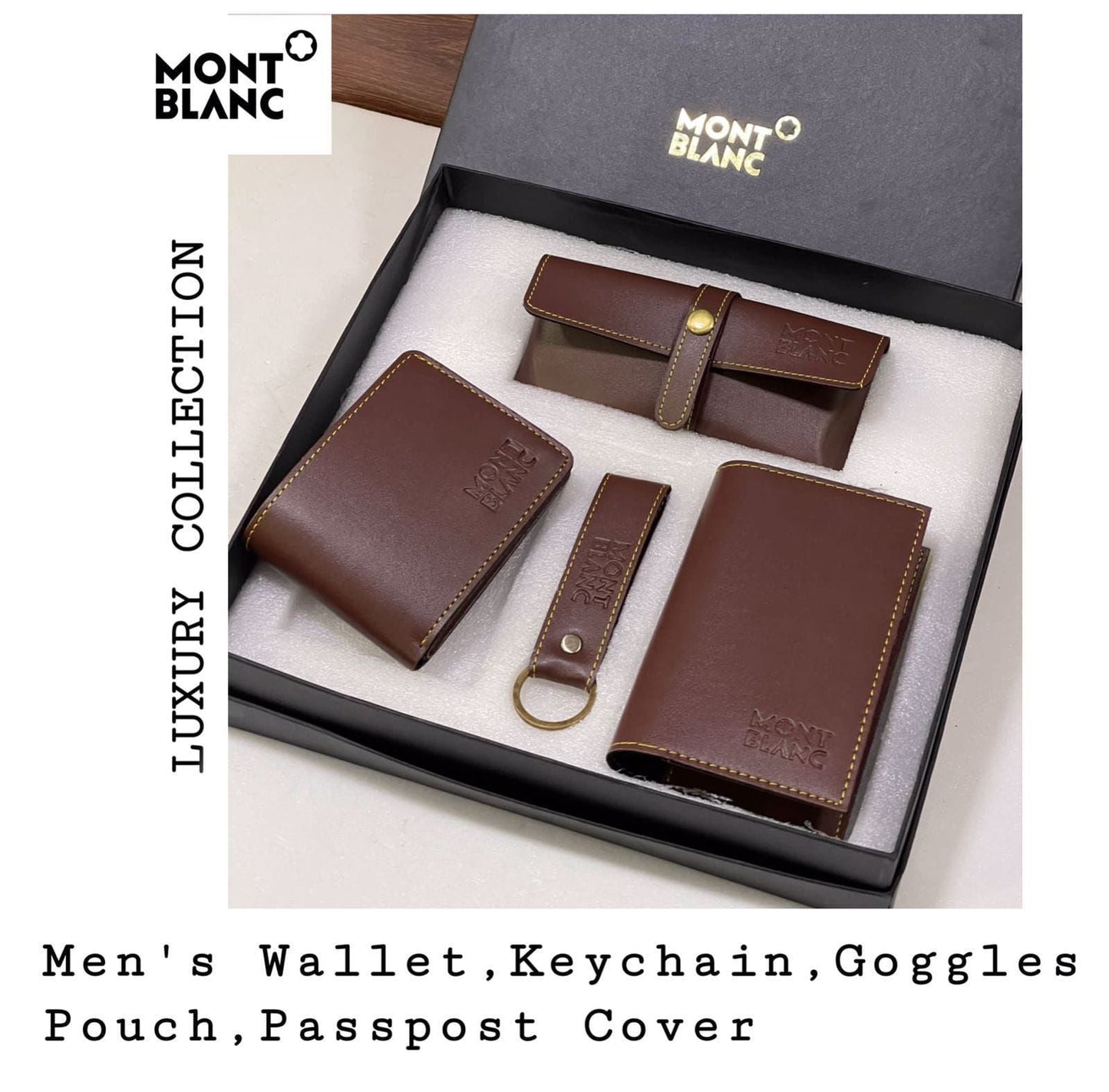 Mont Blanc Branded 4 in 1 Leather Corporate Gift Set In a Brown Color with Sunglass Cover, Wallet, Card Holder and Metal Keychain MB-SET-Brown