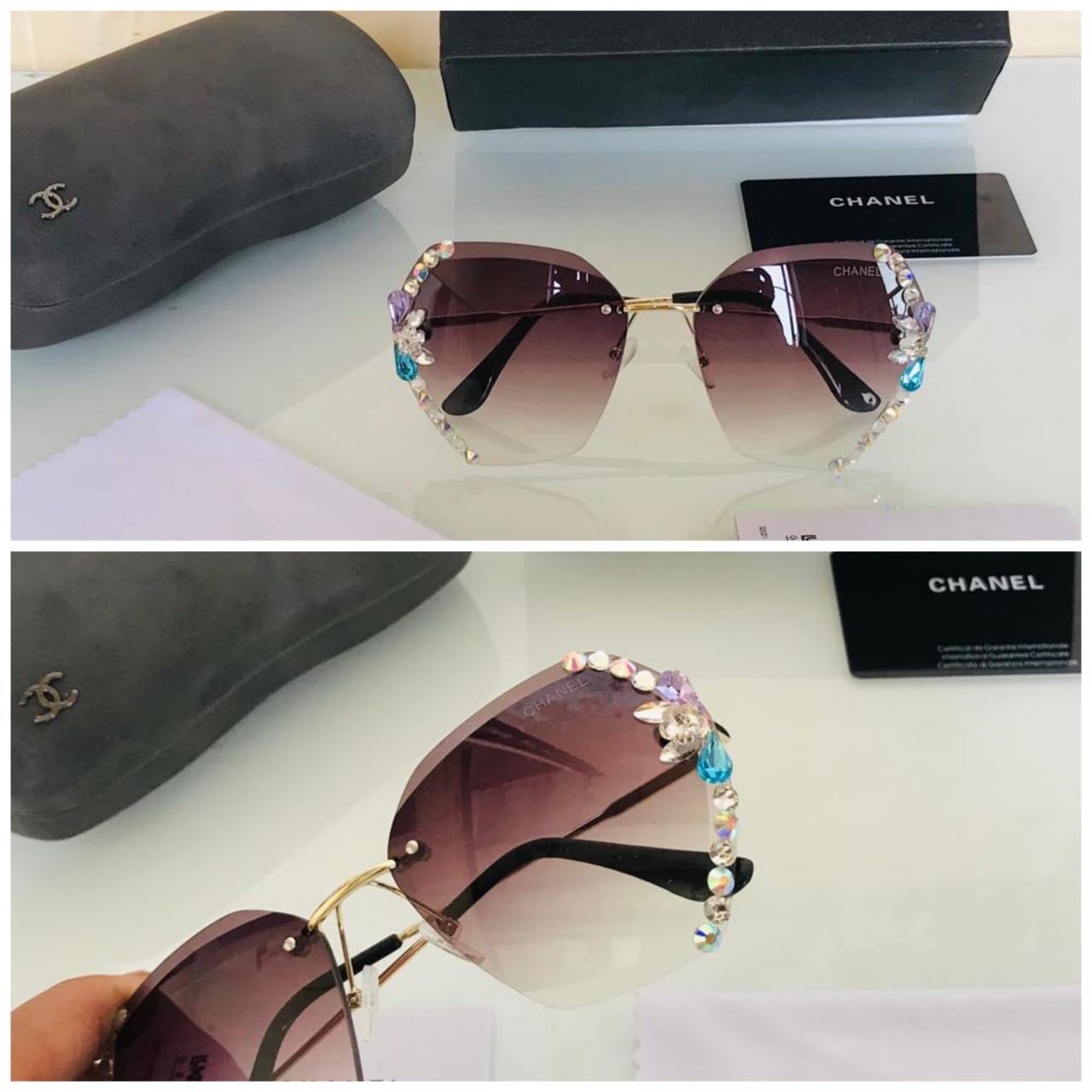 Chanel Fashionable And Elegant Anti Ultraviolet Round Face Slim Rhinestone Sunglasses In Coke Brown Lens Versatile Sunglasses for Women's or Girls - Diamond inlaid Korean Sunglass CHA-7812