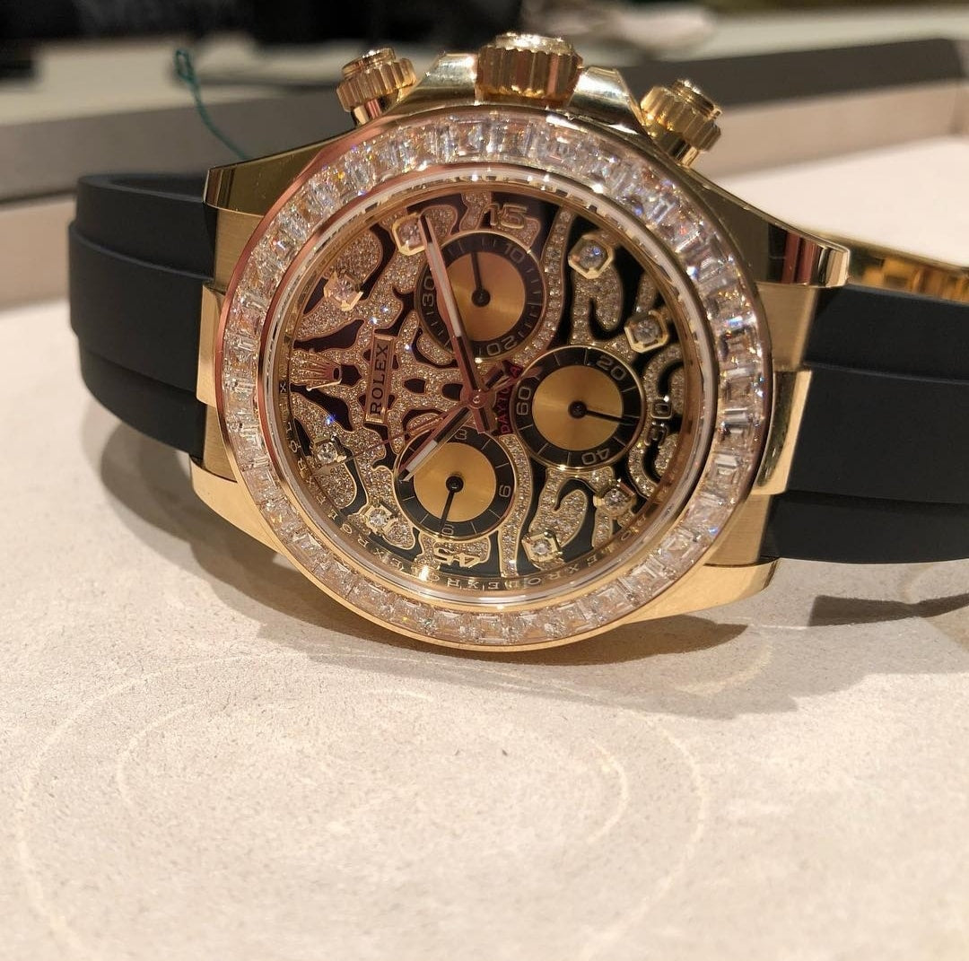 Rolex Cosmograph Rose Gold Color Case and Designer Dial Daytona Chronograph Quartz Chronometer Diamond Men's Watch - EYE OF THE TIGER TIGER-R-1166