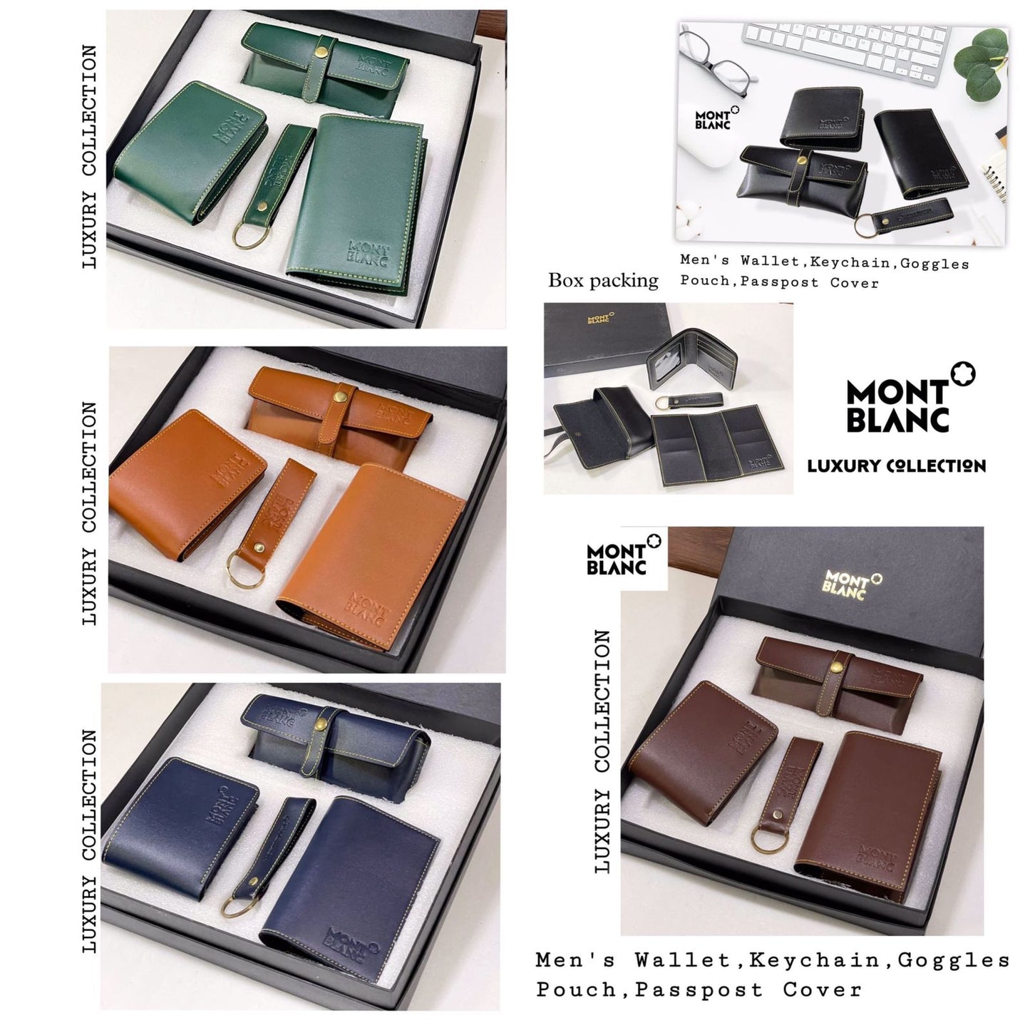 Mont Blanc Branded 4 in 1 Leather Corporate Gift Set In a Brown Color with Sunglass Cover, Wallet, Card Holder and Metal Keychain MB-SET-Brown