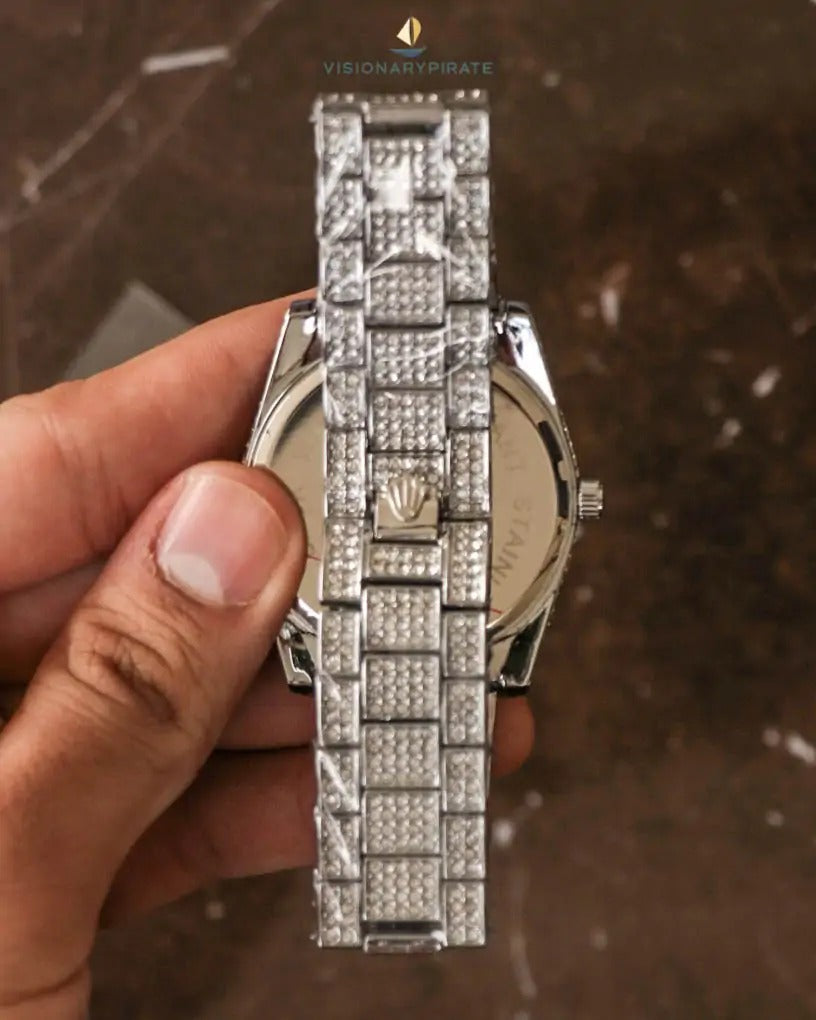 RLX Diamond Set - Royal Stainless Steel Watch With Arabic Dial Silver Color Watch For Men's And Women's -Best For Stylist Look- Rlx-Arabic