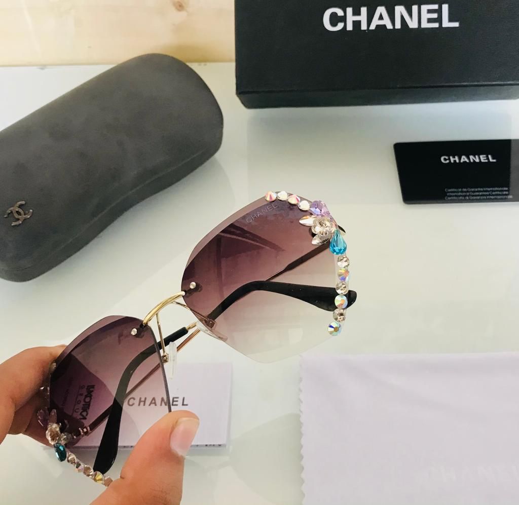 Chanel Fashionable And Elegant Anti Ultraviolet Round Face Slim Rhinestone Sunglasses In Coke Brown Lens Versatile Sunglasses for Women's or Girls - Diamond inlaid Korean Sunglass CHA-7812