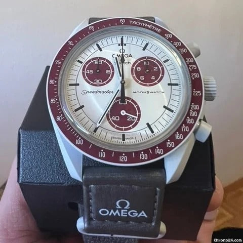 Cream and Maroon Dial/Black Strap Bioceramic Moonswatch Mission to Mercury OG-1029