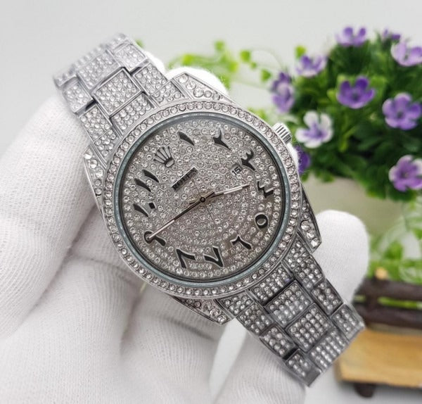 RLX Diamond Set - Royal Stainless Steel Watch With Arabic Dial Silver Color Watch For Men's And Women's -Best For Stylist Look- Rlx-Arabic