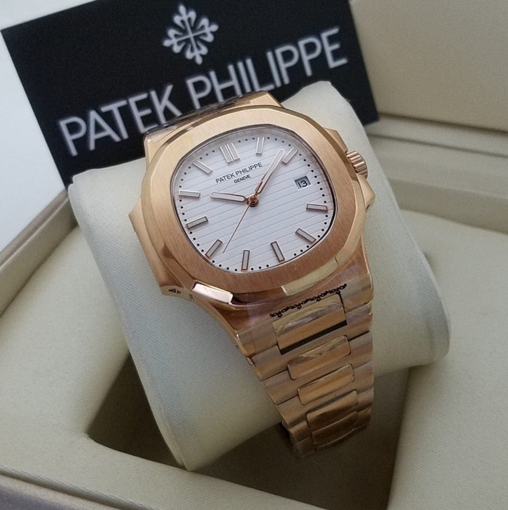 Patek Philippe Nautilus Mad Watch Quartz Movement Rose Gold White Dated Watch For Men's-Best Men's Collection PK-5711R-001